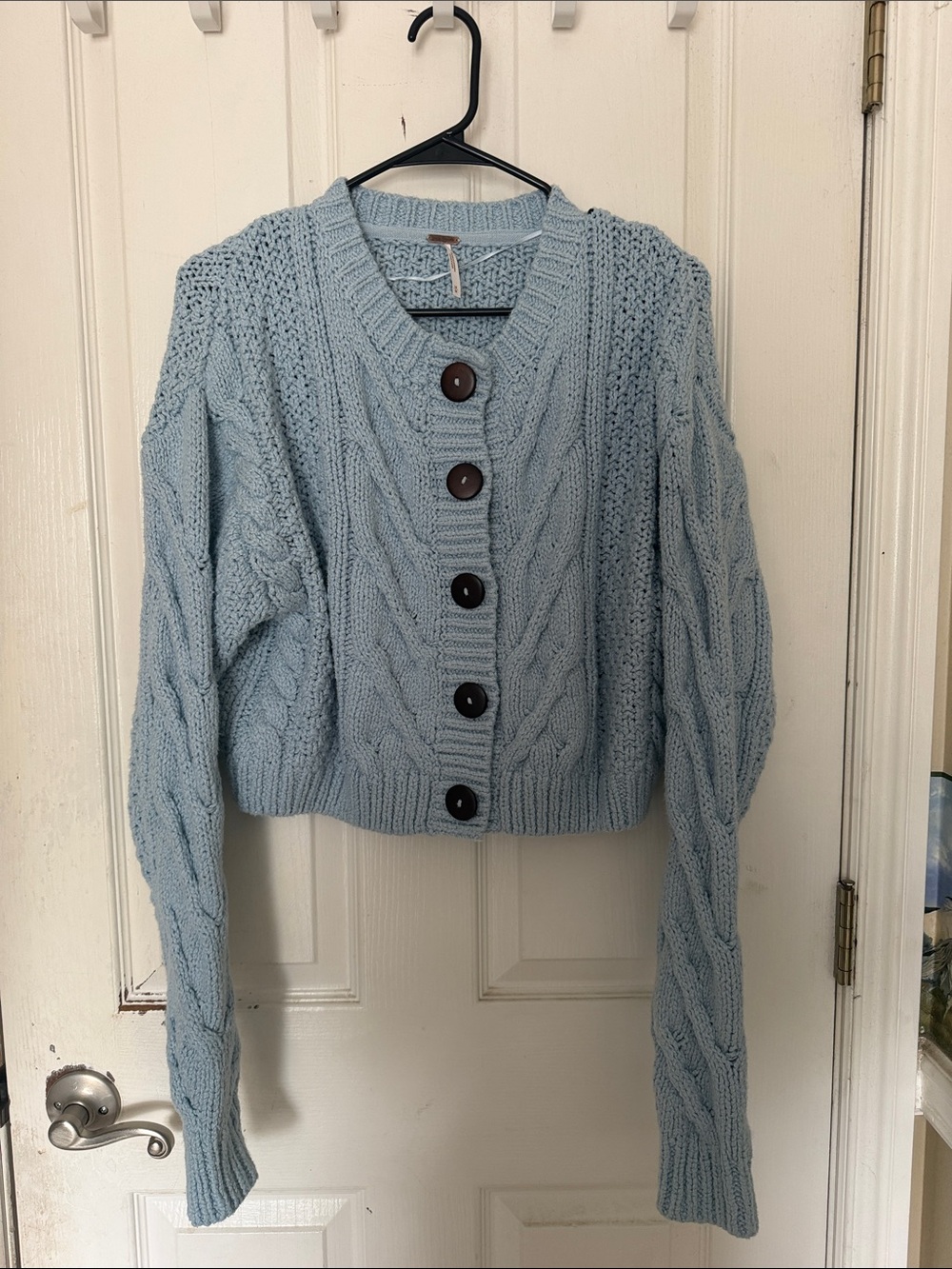 Free People Light Blue Cable Knit Button-Front Cardigan